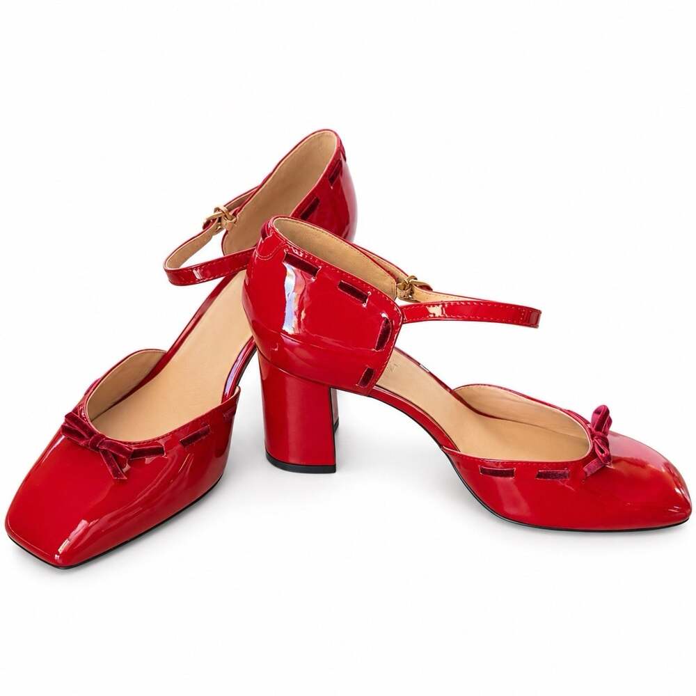 J.Crew Maisie Red Patent Leather Mary Jane Pumps Velvet Bow Block Heel Womens 10